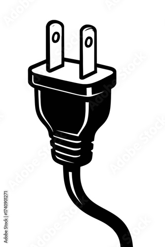 Classic black and white vector illustration of a North American Type A two-prong electrical power plug connected to a flexible cord, symbolizing essential energy supply, device charging, and modern co