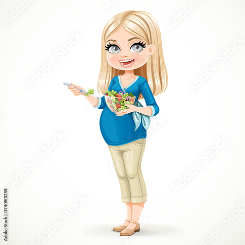Cute pregnant blond woman eating fresh salad from transparent salad bowl isolated on white background