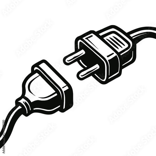 Black and white vector illustration shows a standard electrical plug disconnected from its wall socket. This graphic conveys themes of power interruption, energy management, or the process of unpluggi