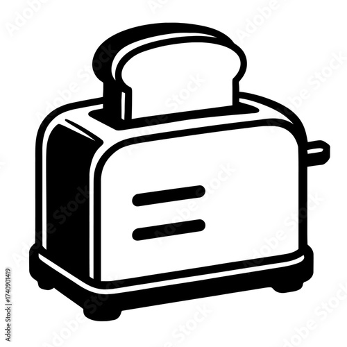 A black and white icon depicts a modern kitchen toaster with a slice of bread popping up. This essential household appliance is used for making delicious toast, bagels, and waffles. It's a common brea