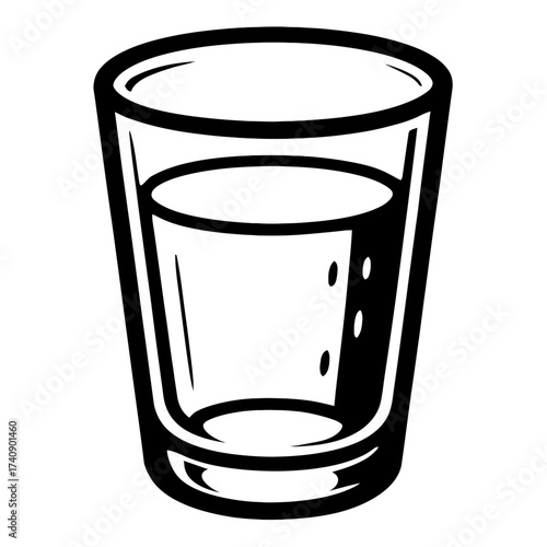 Black and white vector illustration of a simple, sleek shot glass or tumbler filled with a refreshing liquid, featuring subtle internal bubbles, perfect for beverage menus, bar icons, minimalist desig