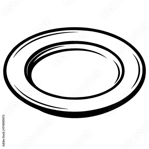Minimalist B&W oval plate outline vector. Dining dish graphic food presentation, kitchenware, home decor, restaurant menus. Web, print, digital art, iconography, clip art. Elegant empty platter food s