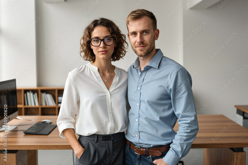 Obraz premium Man and woman in business attire standing in a modern office with a desk and computer.