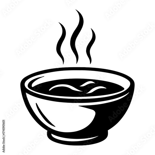 A minimalist black and white vector icon showcasing a steaming hot bowl of delicious, comforting soup or a warm beverage, perfect for restaurant menus, food blogs, winter promotions, culinary designs,