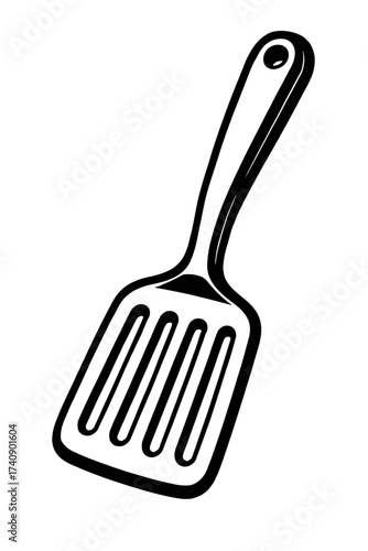 Essential Black & White Slotted Spatula Vector Icon – Versatile Kitchen Utensil for Flipping, Draining, and Serving. Ideal for Home Cooking, Grilling, Pancakes, Eggs, Burgers, Fish. Clean Line Art Gra