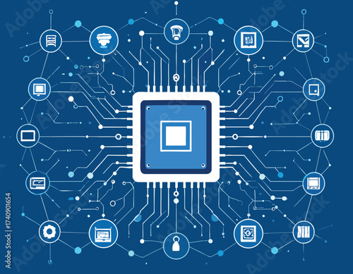 Automated vector creation tools interface An illustrative depiction of a central processing unit (CPU) surrounded by digital icons, symbolizing technology, connectivity, and information flow