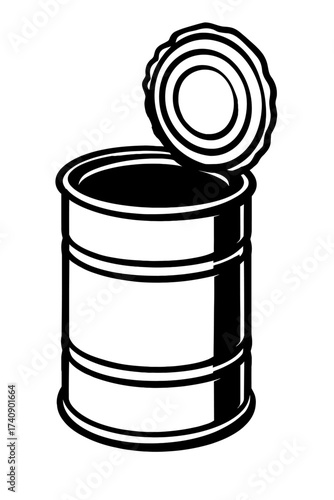 Vector art of an open tin can, black and white, with the lid peeled back, revealing an empty interior. Perfect for depicting food packaging, recycling, storage, or general container themes. This clean