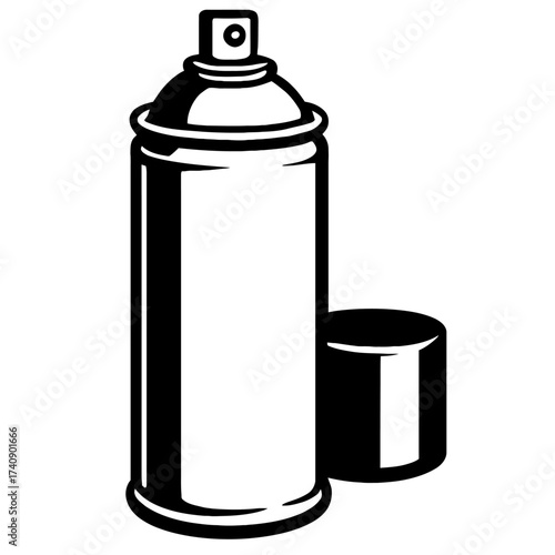 Monochromatic vector graphic of an aerosol spray can with its cap off, signifying painting, graffiti, DIY projects, industrial use, automotive, cleaning, and various pressurized dispensing application