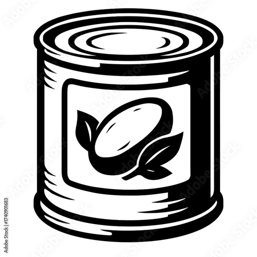 Classic Black and White Vector Illustration of a Canned Food Product Featuring a Simple Label with an Olive-like Shape and Leaves, Ideal for Groceries, Kitchen Decor, Retro Food Packaging Designs, and