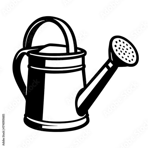 A classic black and white vector illustration of a traditional garden watering can, essential vintage gardening tool for precise plant care, thoughtful irrigation, nurturing flowers, vegetables, green
