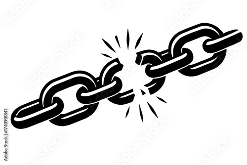 Iconic black and white vector art shows a strong metal chain with one link dramatically broken apart, symbolizing freedom, liberation, overcoming barriers, breaking free from constraints, strength, in