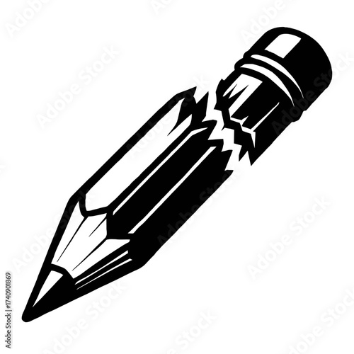 Black and white vector illustration of a pencil snapped in half, depicting concepts of creative block, frustration, broken ideas, or academic struggle in a minimalist clip art design perfect for educa