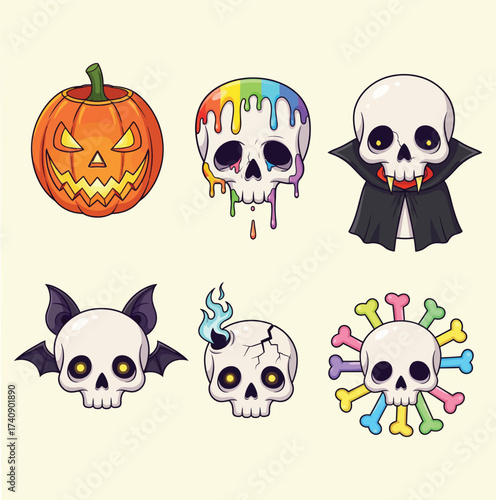 Collection of six unique halloween themed illustrations featuring a carved pumpkin and five distinct skull designs each isolated on white background