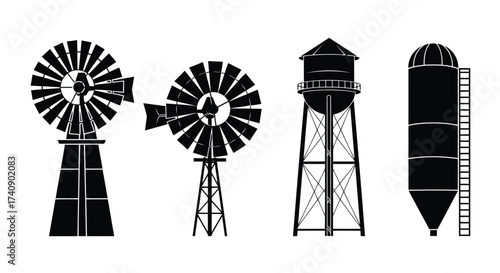 Vector illustration of silhouette of windmill, water tower, and silo, showcasing rural architecture, agriculture, and vintage industrial design