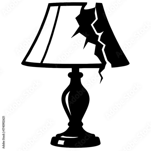 A striking black silhouette vector illustration depicting a classic table lamp with a distinctly damaged and severely broken lampshade, symbolizing concepts of wear, malfunction, and the pressing need