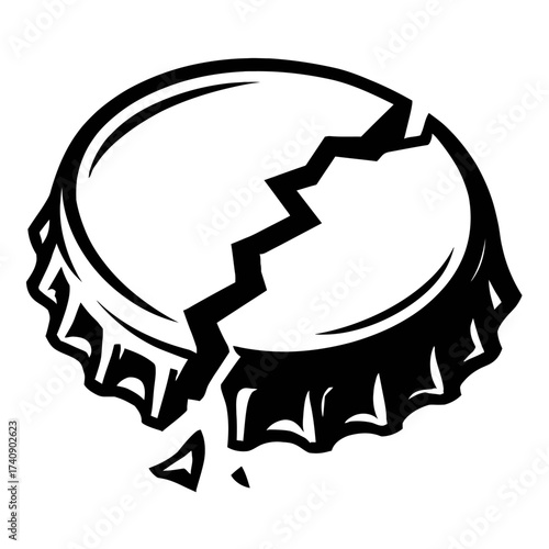 Black and white vector of a cracked bottle cap. Jagged fracture crosses surface; small piece detaches from crimped edge. Ideal for grunge, vintage, industrial, distressed beverage packaging design, gr