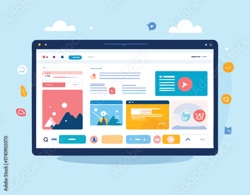 Flat design vector illustration of a website dashboard or software user interface on a computer screen.