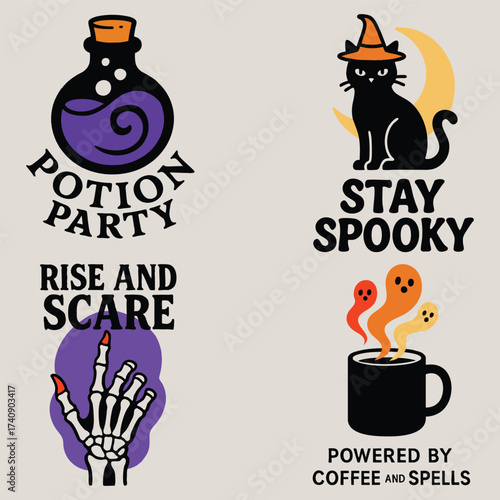 Halloween themed illustrations with potion bottle, cat, skeleton hand and coffee cup spooky