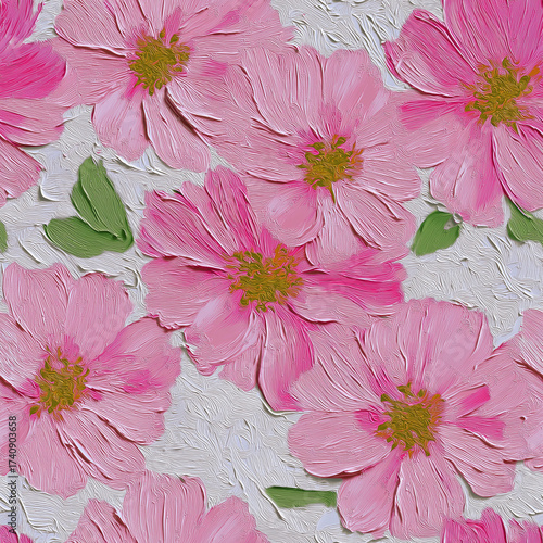 stylized digital artwork featuring pink flowers in a cartoon-like, textured style. It showcases an elegant and artistic representation of flowers