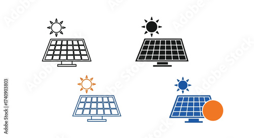 Vector illustration of solar panel icon set, representing renewable energy source, clean power generation, and sustainable technology for electricity production
