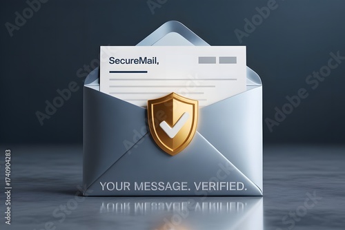 Secure digital envelope with golden shield and checkmark symbolizing confidential data protection and safe communication in a modern technological concept