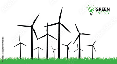 Vector illustration of wind turbines silhouette, illustrating green energy, renewable power, and sustainable electricity generation for a cleaner environment