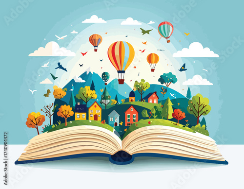 An open book unleashing a vibrant, whimsical world of imagination, featuring hot air balloons and quaint villages, a testament to the power of ai powered design elements minimalist creativity