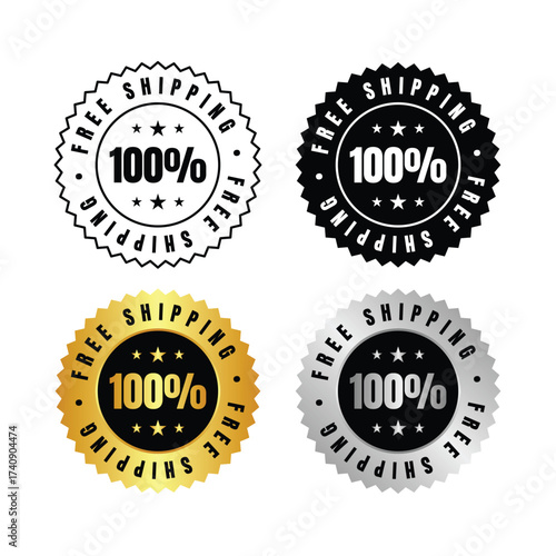 100 percent  four seals displaying free shipping and a value with different color variations on a white background