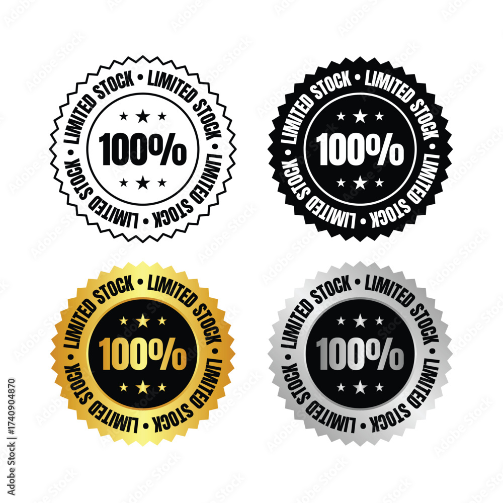 Fototapeta premium 100 percent four limited stock seals in black gold and silver with a complete value indication inside