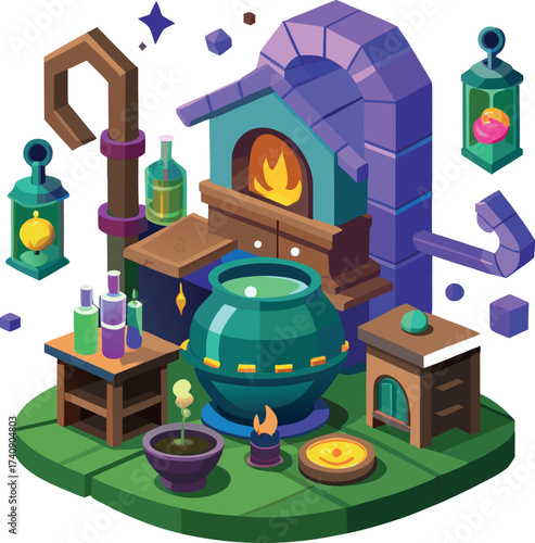 Vector image of spell factory with magical potions and cauldron