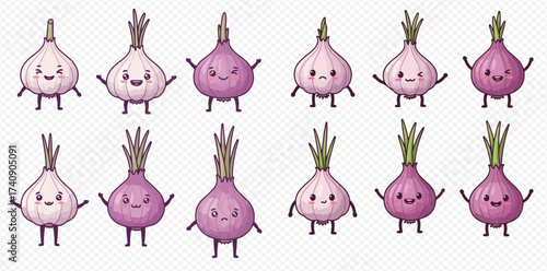 Cartoon illustration of cute onions and garlic with smiling faces and arms and legs.