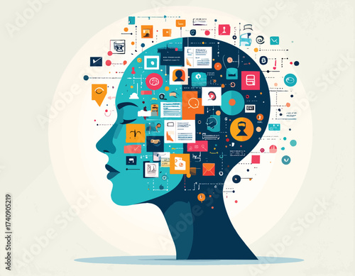 An abstract illustration of a human head filled with ai powered design elements, minimalist and conceptual, representing intelligence and data flow