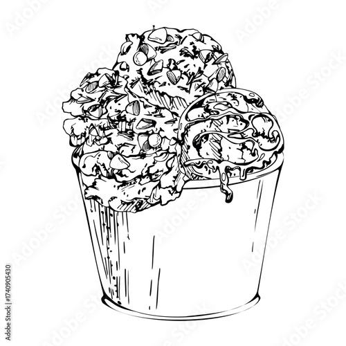 Sorbet gelato with milk chocolate bits, chips and syrup sprinkle served in plastic or paper cup. Vector graphic illustration hand drawn in pen and ink. Gourmet menu insert, summer fair product tag