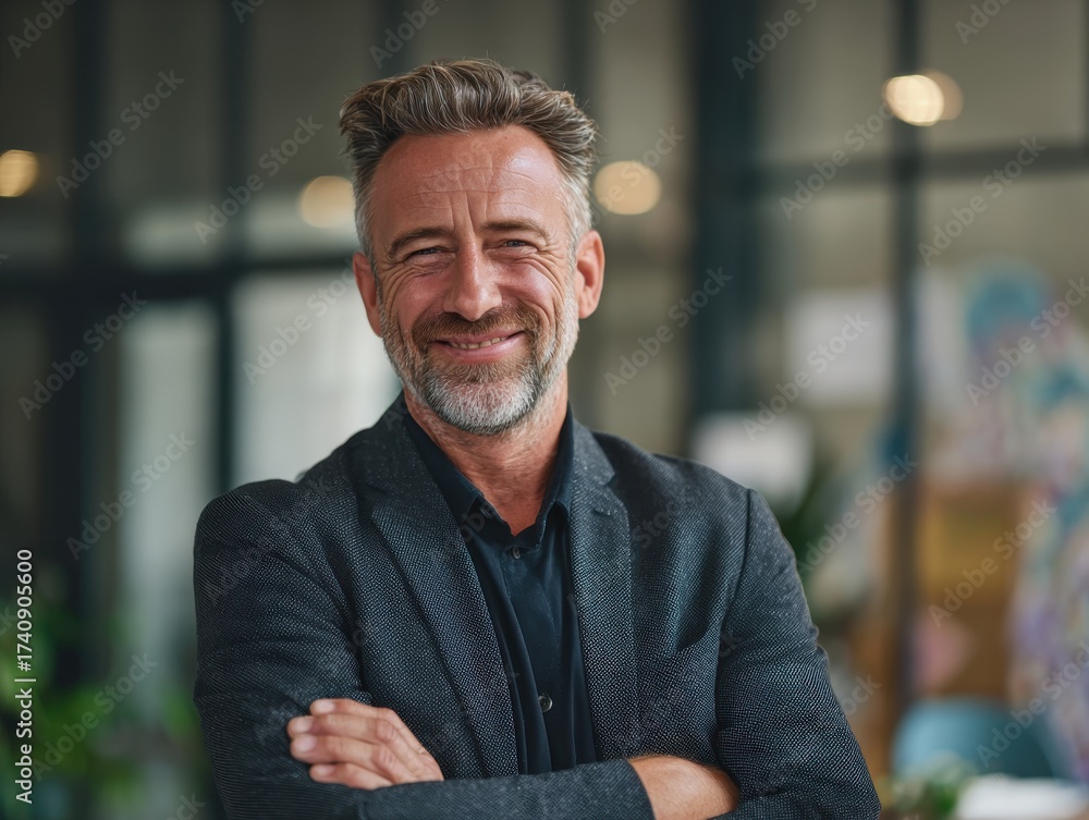 Naklejka premium Smiling mature 50 years old business owner, company manager, smiling senior ceo executive, older corporate leader at work. Happy professional business man of middle age standing in office. Portrait.