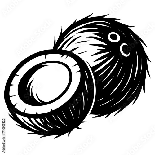 Striking black and white vector illustration depicting a whole, textured coconut alongside a perfectly split half-coconut, revealing its smooth interior. Ideal graphic for tropical themes, healthy eat