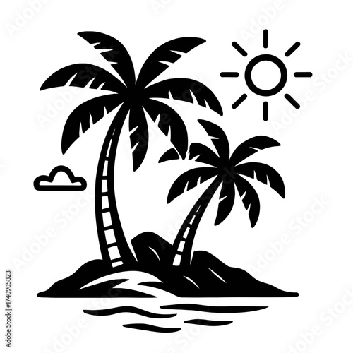 A striking black and white vector illustration of a serene tropical island paradise, showcasing two elegant palm trees, a brilliant shining sun, a soft floating cloud, and calm ocean waves. Ideal for