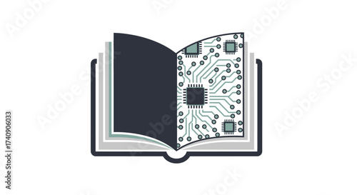 A line art icon of an open book featuring a computer circuit board and microchip on the page, representing digital education, e-learning, and smart technology.