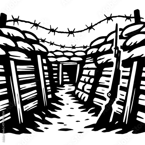 Monochromatic woodcut style illustration of a WWI military trench. Barbed wire overhead, sandbagged walls, a rifle, and a dark dugout entry. Captures the harsh reality, defense, and conflict of histor