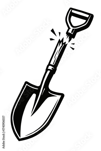 A stark monochrome illustration of a broken garden shovel with a snapped handle, depicted in a classic vintage cartoon or emblem style, highlighting the failure of tools, hard work, and the need for r