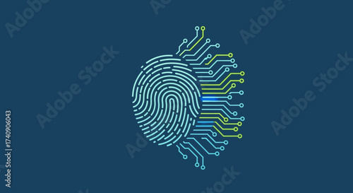 A digital graphic of a fingerprint formed by electronic circuit lines, symbolizing biometric security, cyber identity, and digital protection.