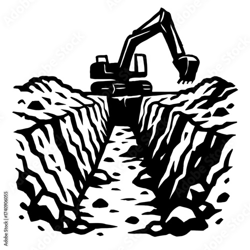 A powerful black and white illustration depicts an excavator actively digging a deep, long trench, with substantial mounds of excavated earth piled on either side, emphasizing heavy construction and i