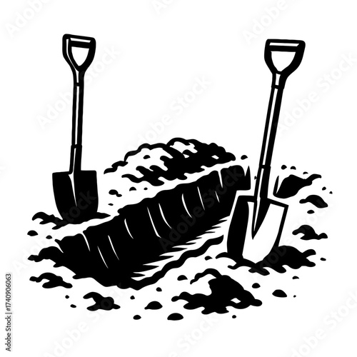 Monochromatic vector illustration of two traditional D-handle shovels upright beside a freshly dug trench with a large mound of displaced earth. Represents hard labor, gardening, construction, burial,