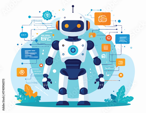 Futuristic ai powered design elements minimalist illustration of a friendly robot with digital connections and abstract technology graphics