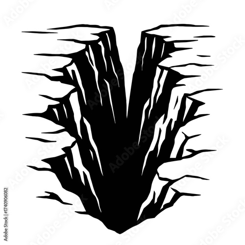 Striking black and white vector silhouette of a deep, V-shaped chasm or earthquake fissure with jagged edges, a perilous abyss symbolizing rupture, destruction, and powerful natural forces. Perfect fo