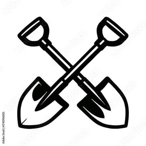 Two crossed shovels, a black and white vector icon, symbolizing digging, gardening, construction, excavation, and hard work. Ideal for logos, clip art, and graphic design in landscaping, agriculture,