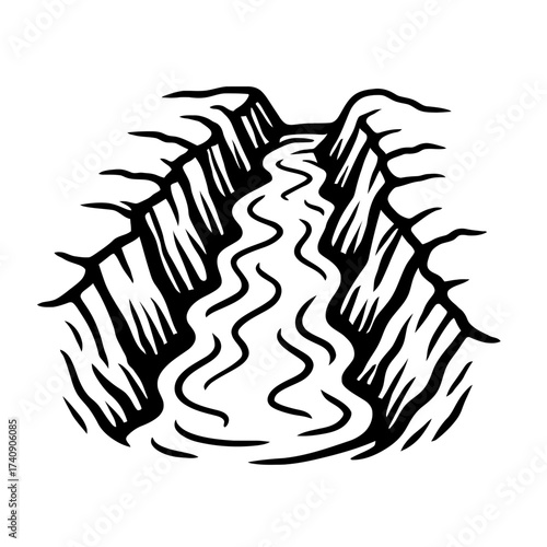 Dynamic Black and White Illustration of a Winding River Flowing Through a Majestic Canyon Gorge, Capturing the Raw Beauty of Nature's Powerful Erosion in a Stylized Woodcut Aesthetic, Perfect for Wild