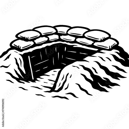 A monochrome illustration of a military foxhole, a strategically dug defensive position reinforced with stacked sandbags, offering vital protection and tactical shelter for soldiers in combat, depicti