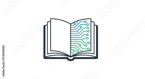 A line art icon of an open book featuring a computer circuit board and microchip on the page, representing digital education, e-learning, and smart technology.