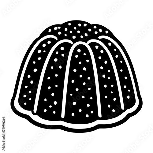 Black and white molded dessert icon with dots, depicting a classic fluted pudding or cake. Versatile sweet treat illustration ideal for culinary graphics, menu designs, and recipe visuals, truly empha