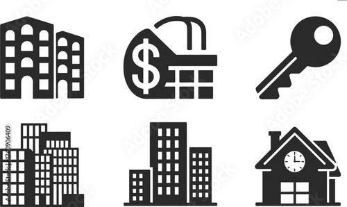 Set of six minimalist black and white silhouette illustrations of arborists climbing trees, forestry workers pruning, logging, arboriculture industry design